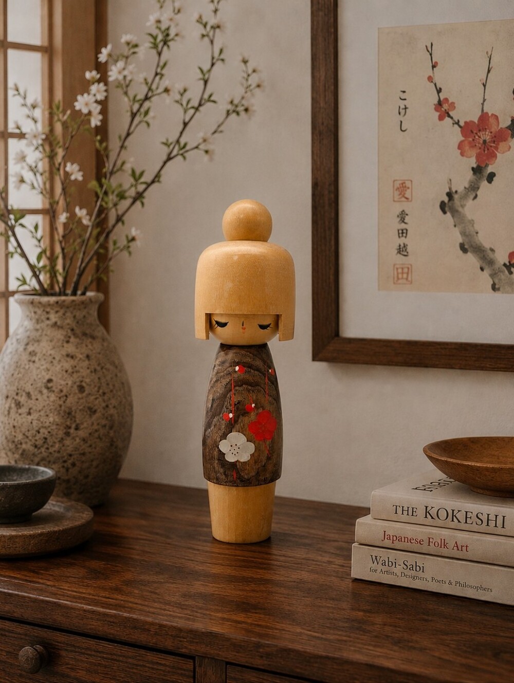 Large 9” Signed Koshi Aida Kokeshi Doll - Hand-Painted Tsubaki - Sosaku Folk Art